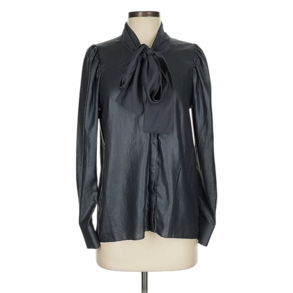 By Malene Birger Charcoal Gray Silk Trimmed Tie-Neck Pinelia Blouse. EU 36/US 6.